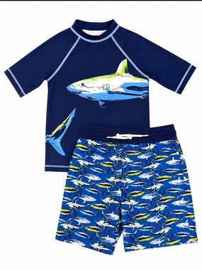 Panama Jack Navy Shark Rash Guard Swim Set - Size 4  EUC